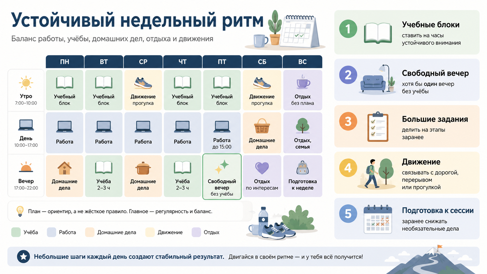 Устойчивый недельный ритм заочного обучения: баланс работы, учёбы, домашних дел, отдыха и движения, с учебными блоками, свободным вечером и подготовкой к сессии.